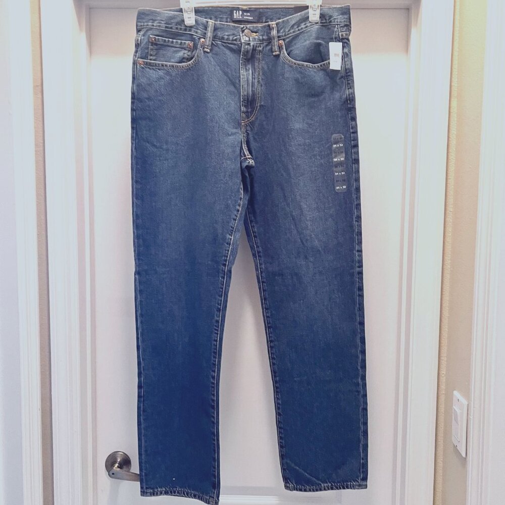 Gap Denim Jeans-NWT--Size 34 x 32-Blue Indigo-Mid Rise-Straight Leg-Zip Up-Pocke